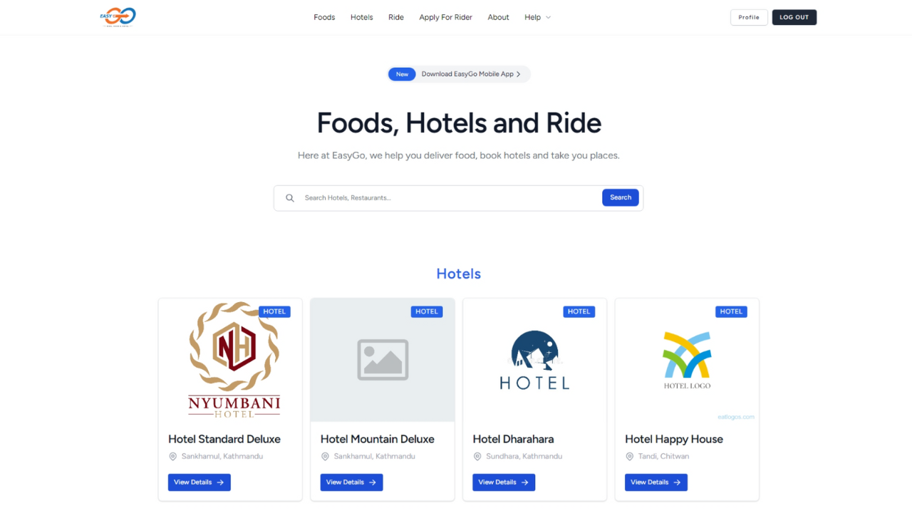 EasyGo – Food, Ride Sharing and Hotel Booking – App and Website